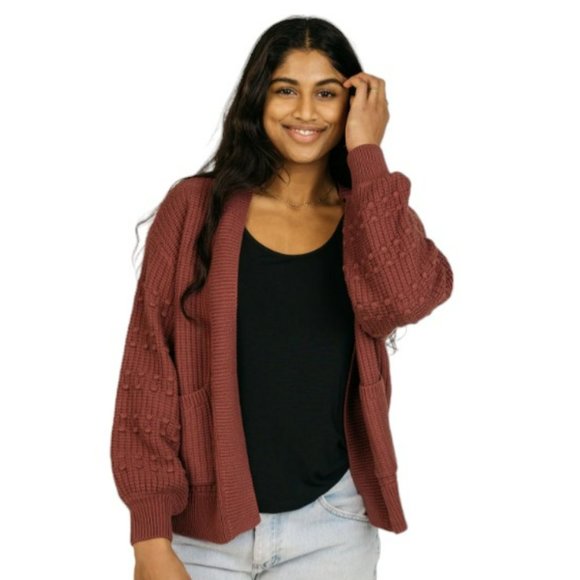 Jackson Rowe Sweaters - JACKSON ROWE | Cuffed Bell Sleeve Pom Pom Burgundy Kolana Cardigan (Size M)